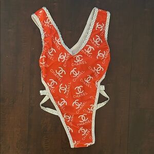 CHANEL Red and White Logo Swimsuit